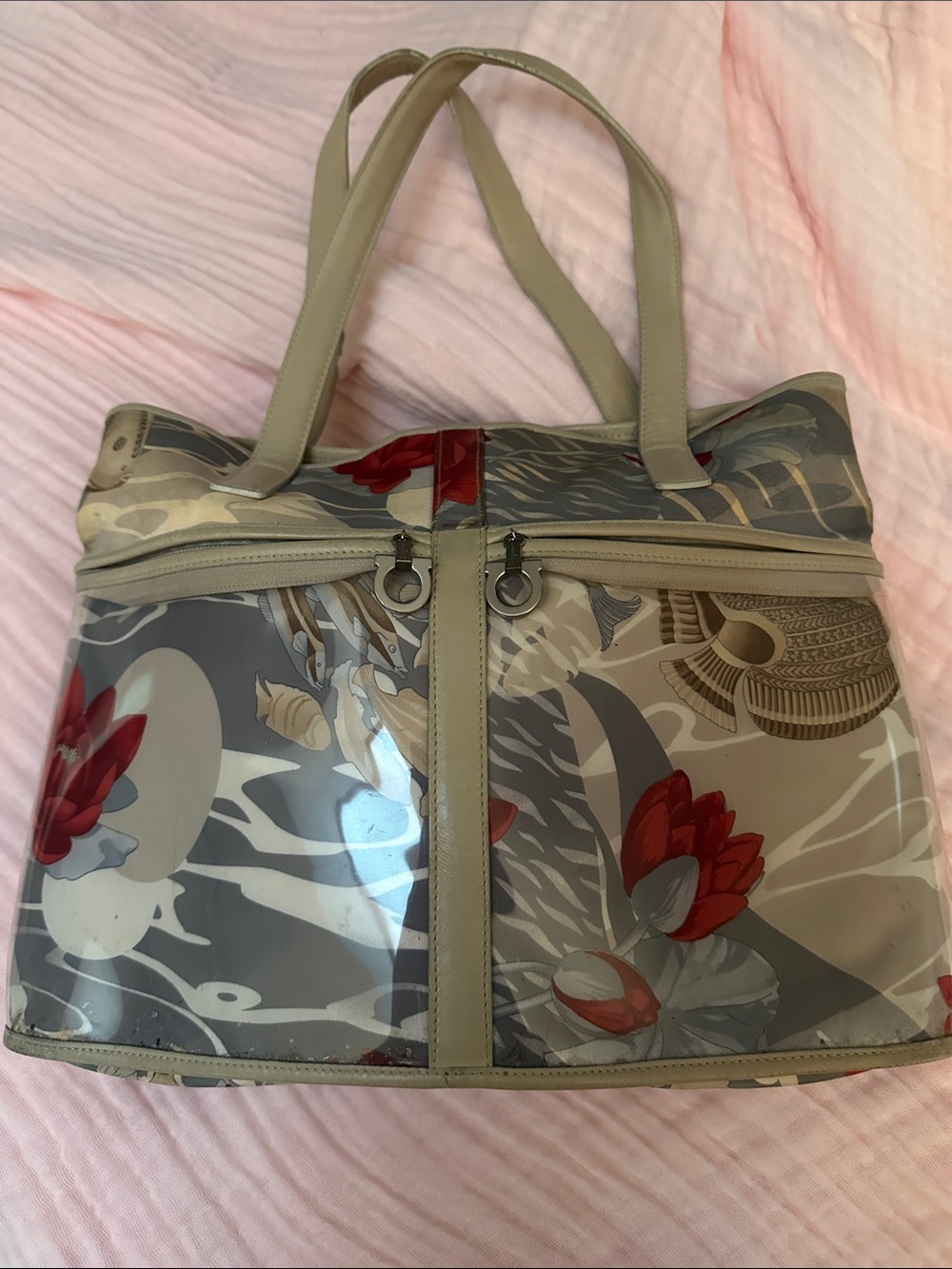 Salvatore Ferragamo Beige and Red Floral Vinyl Tote